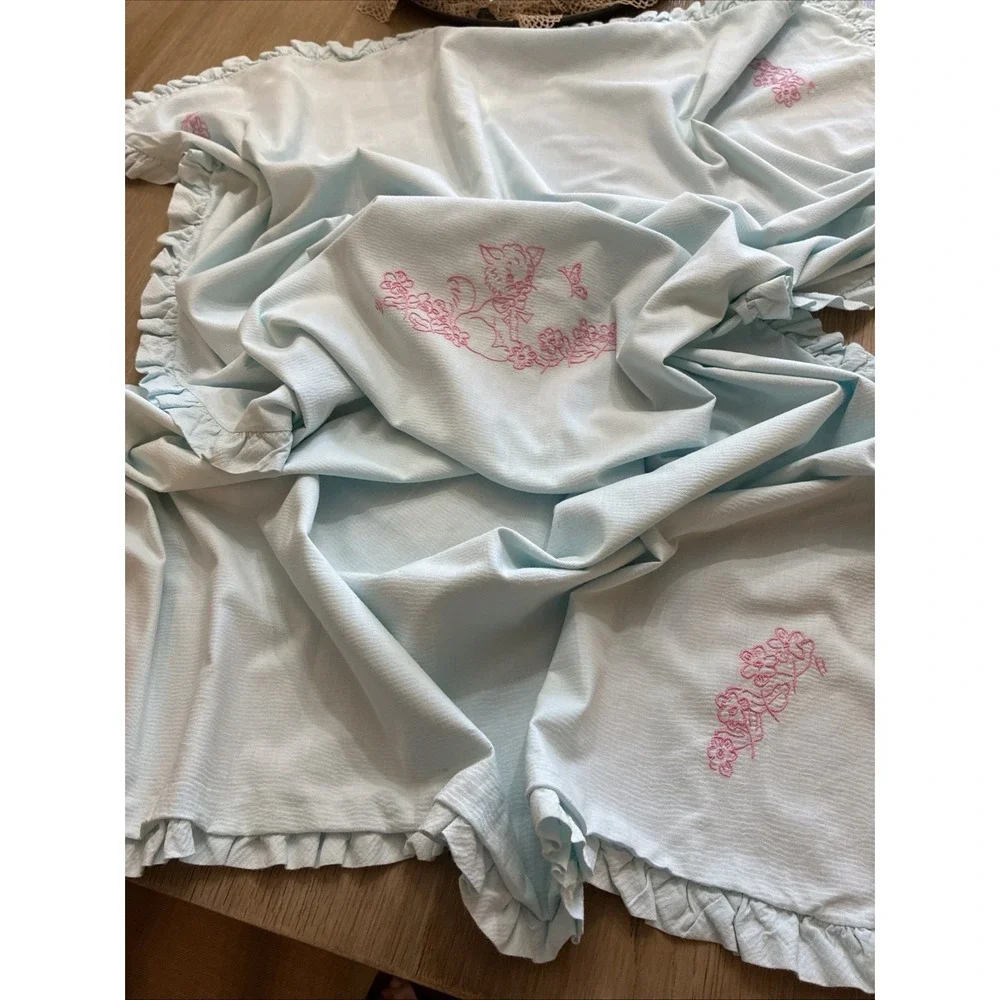 VTG Baby Blanket Cotton Plisse Blue W/ Pink Embroidery Ruffled 35